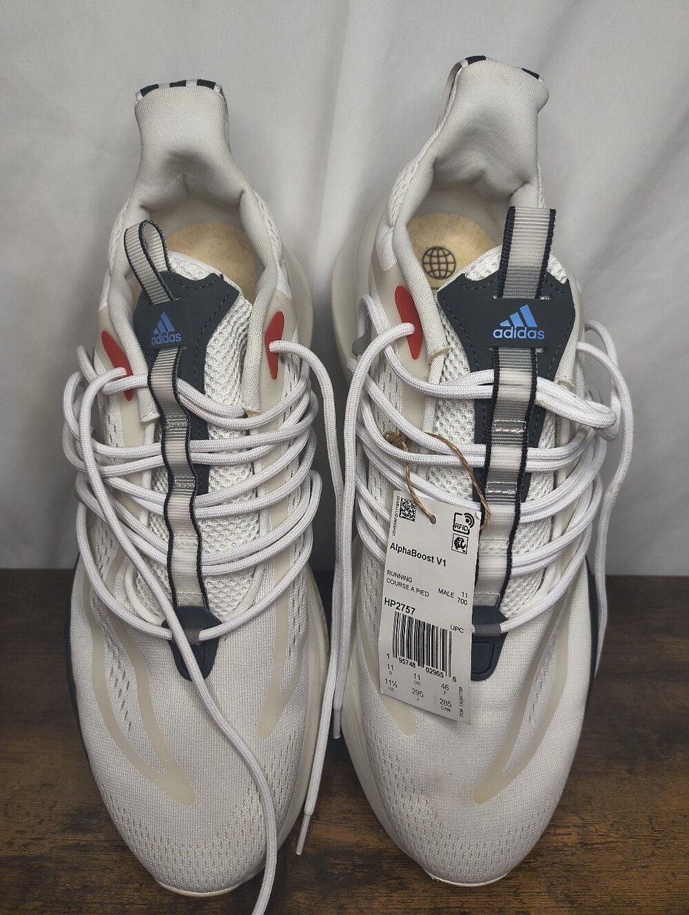 adidas Alphaboost V1 Mens White Running Sneakers with Navy and Red Accents